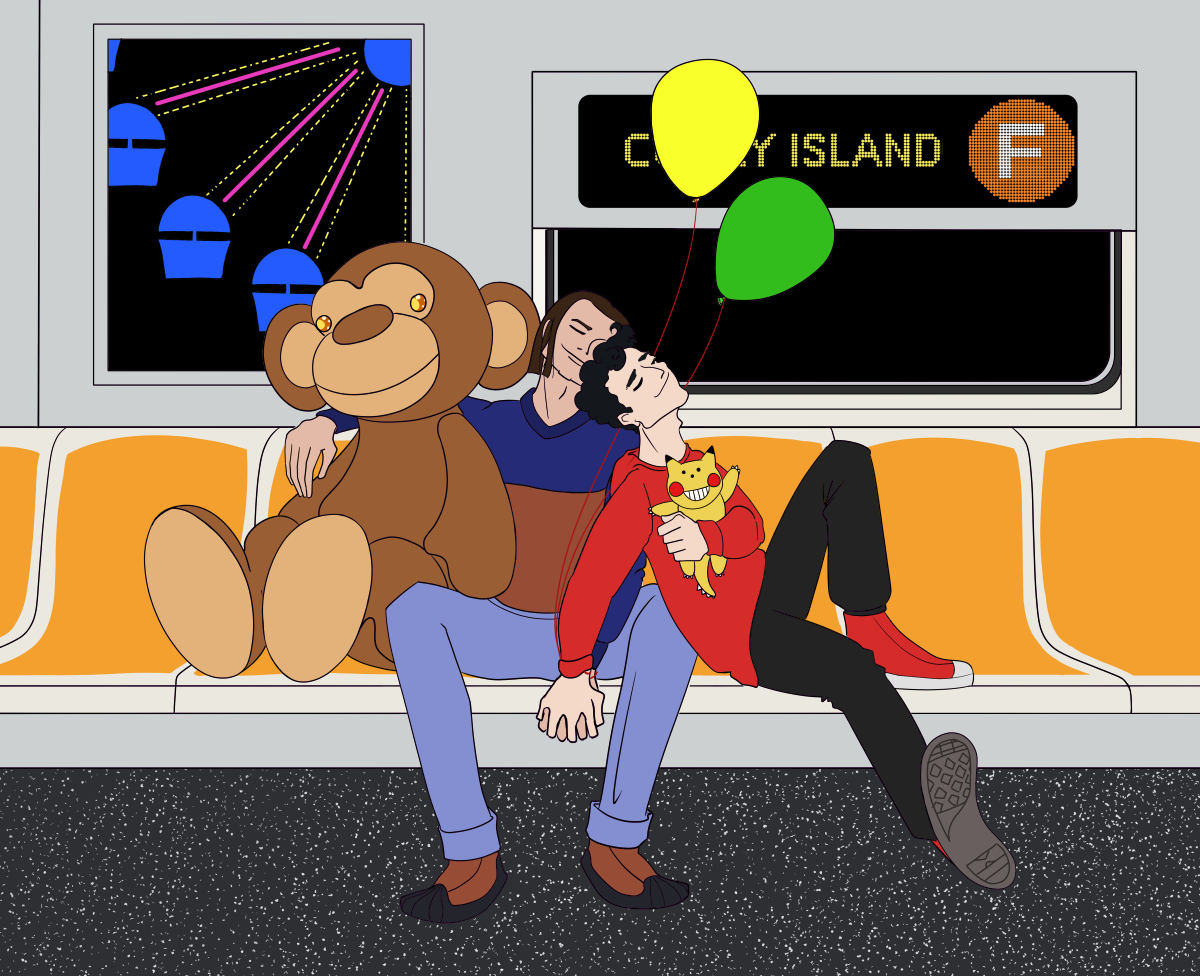 Two men are holding hands and leaning against each other on a subway train. One is holding a bootleg Pikachu toy. The other has his arm draped around a giant plush monkey seated next to him. 