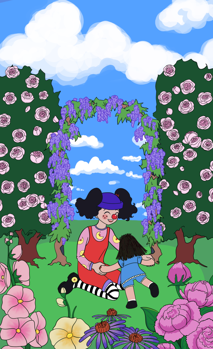 Loonette and Molly - a clown and her dolly - play together in a beautiful flower garden.