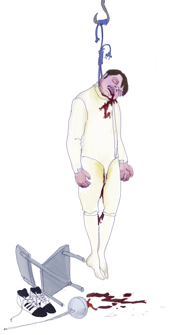 A fencer who has hanged himself with his body cord. His corpse is bloated and leaking. His shoes and weapon are nearby.