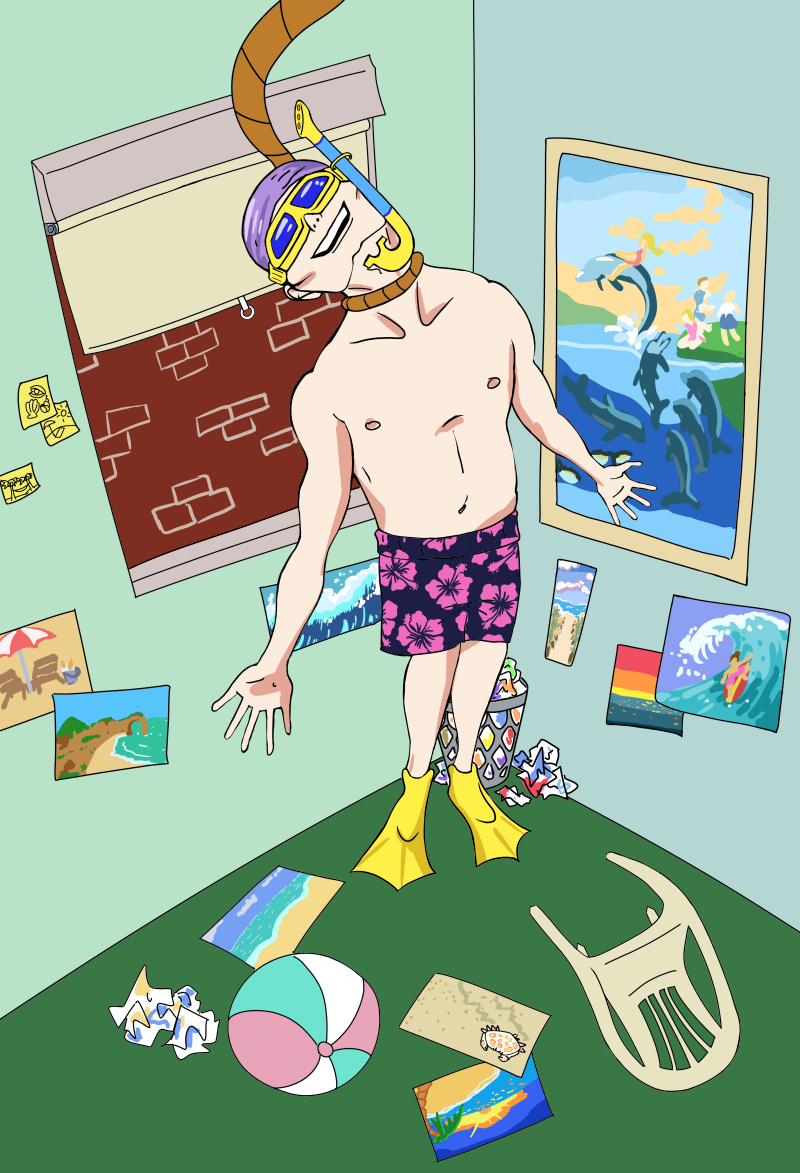 A man in a snorkel, flippers, and swim trunks has hanged himself in his apartment. There are pictures of the beach pasted to the walls.