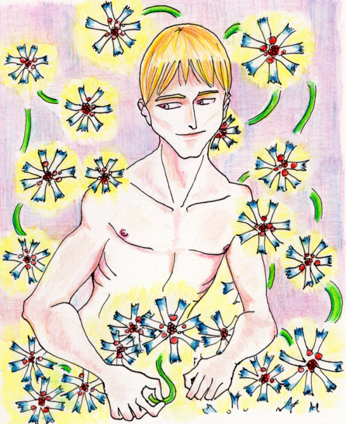 A serene-looking man surrounded by glowing flowers with slender white petals. He holds a largish specimen in his hand.