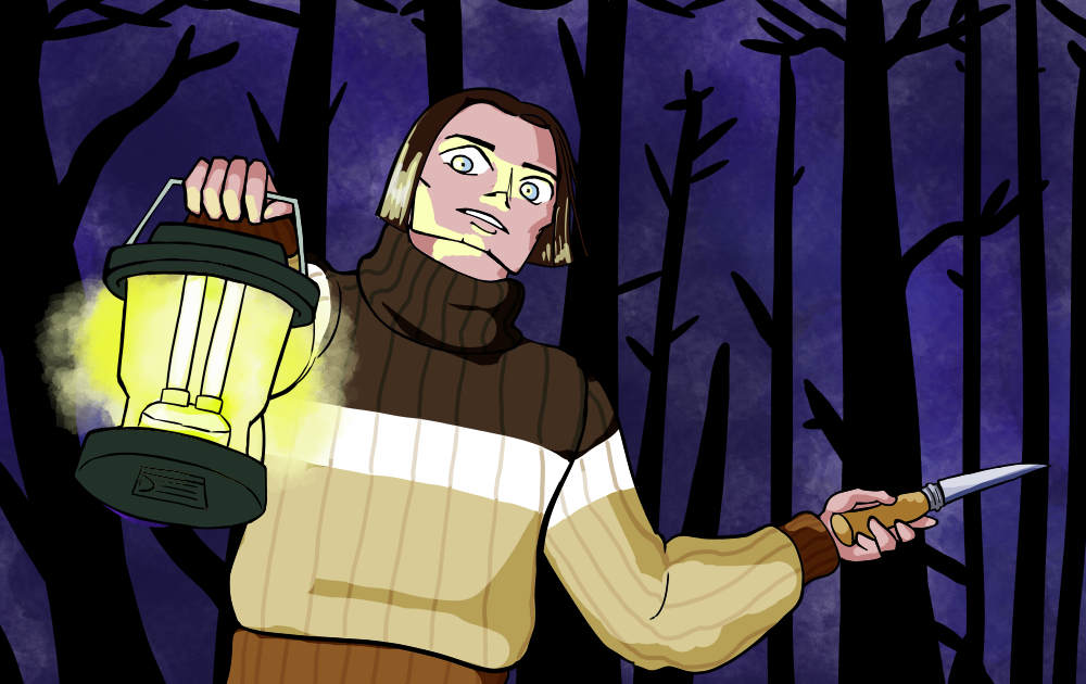 In a dark forest, a sinister-looking man holding a sulfur-yellow lantern gestures with a knife towards something in the distance.