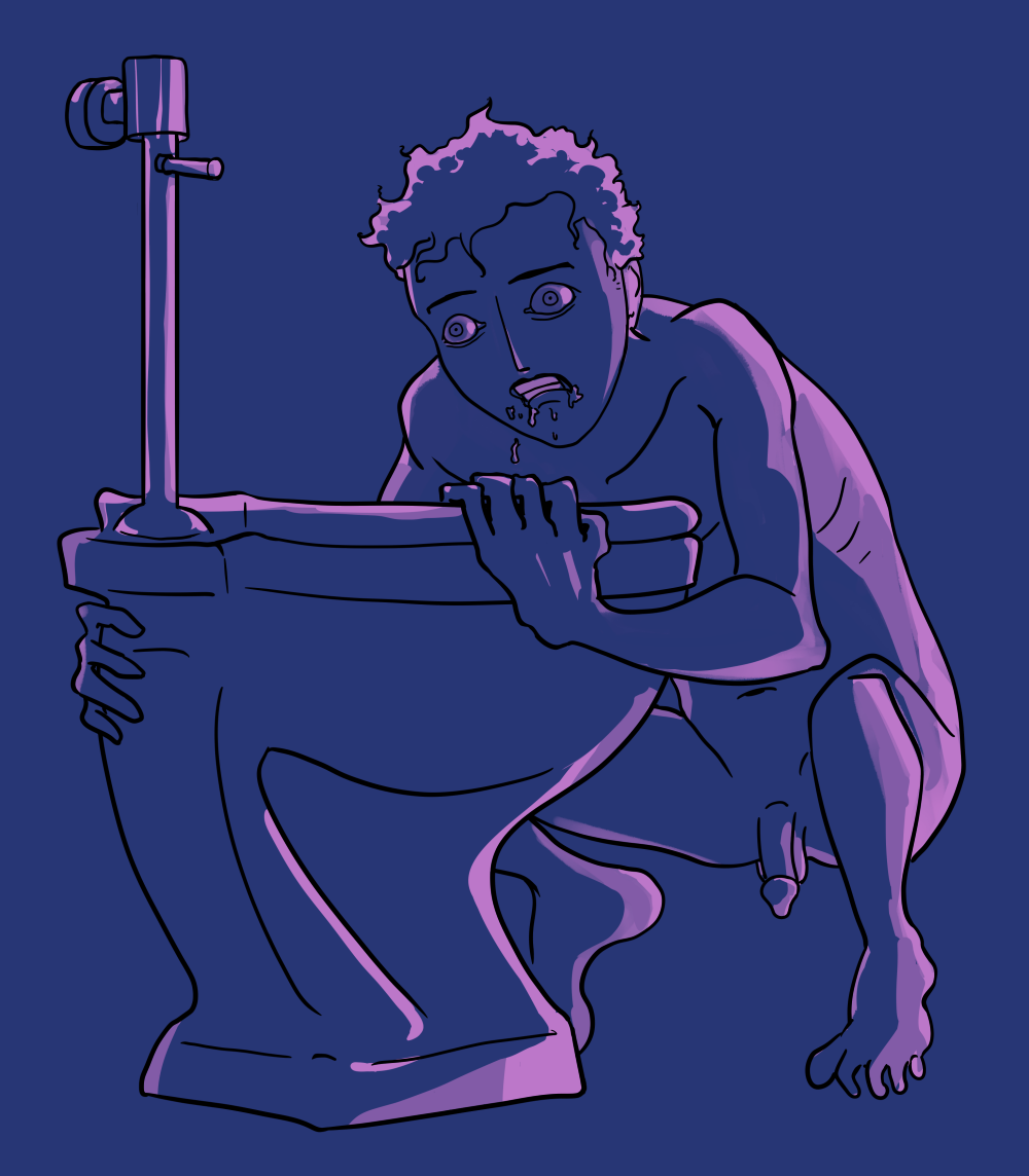 A naked, shocky-looking man clinging to a toilet in a dark room. His mouth is splattered with vomit.