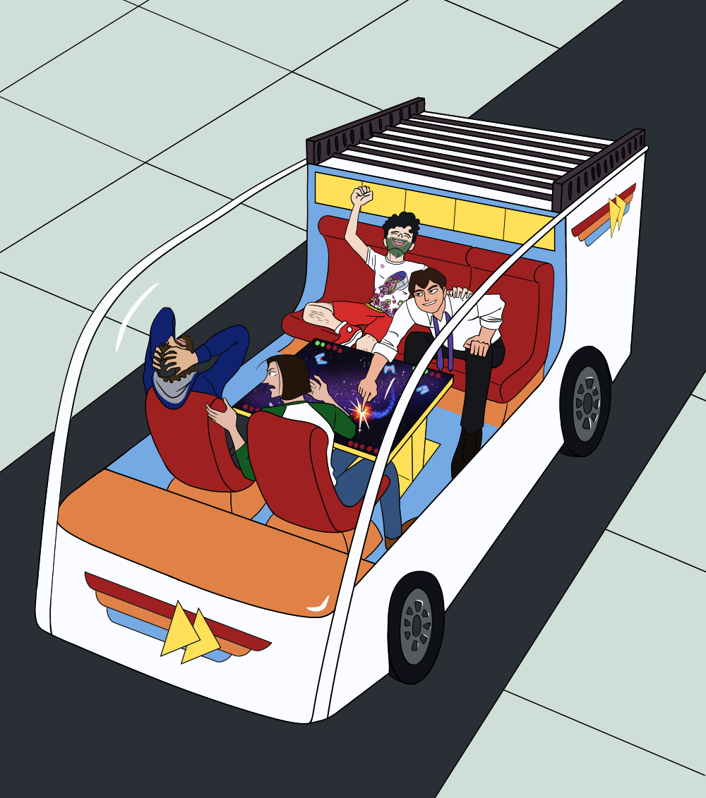 A drawing of four men playing a video board game on a screen table inside an autonomous van. The seats face each other and there is no steering wheel.