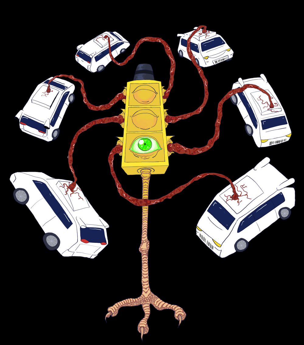 A chicken-footed traffic light with eyes for lights. Only the green light is open. Self-driving cars tethered by flesh cables spin in an orderly fashion around it.