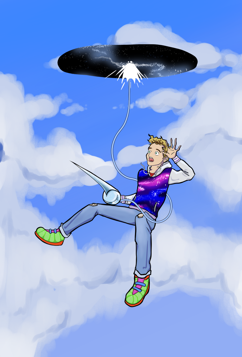A surprised-looking man falling from a portal in a blue sky full of puffy clouds, dangling from a cord connected to a magic sword