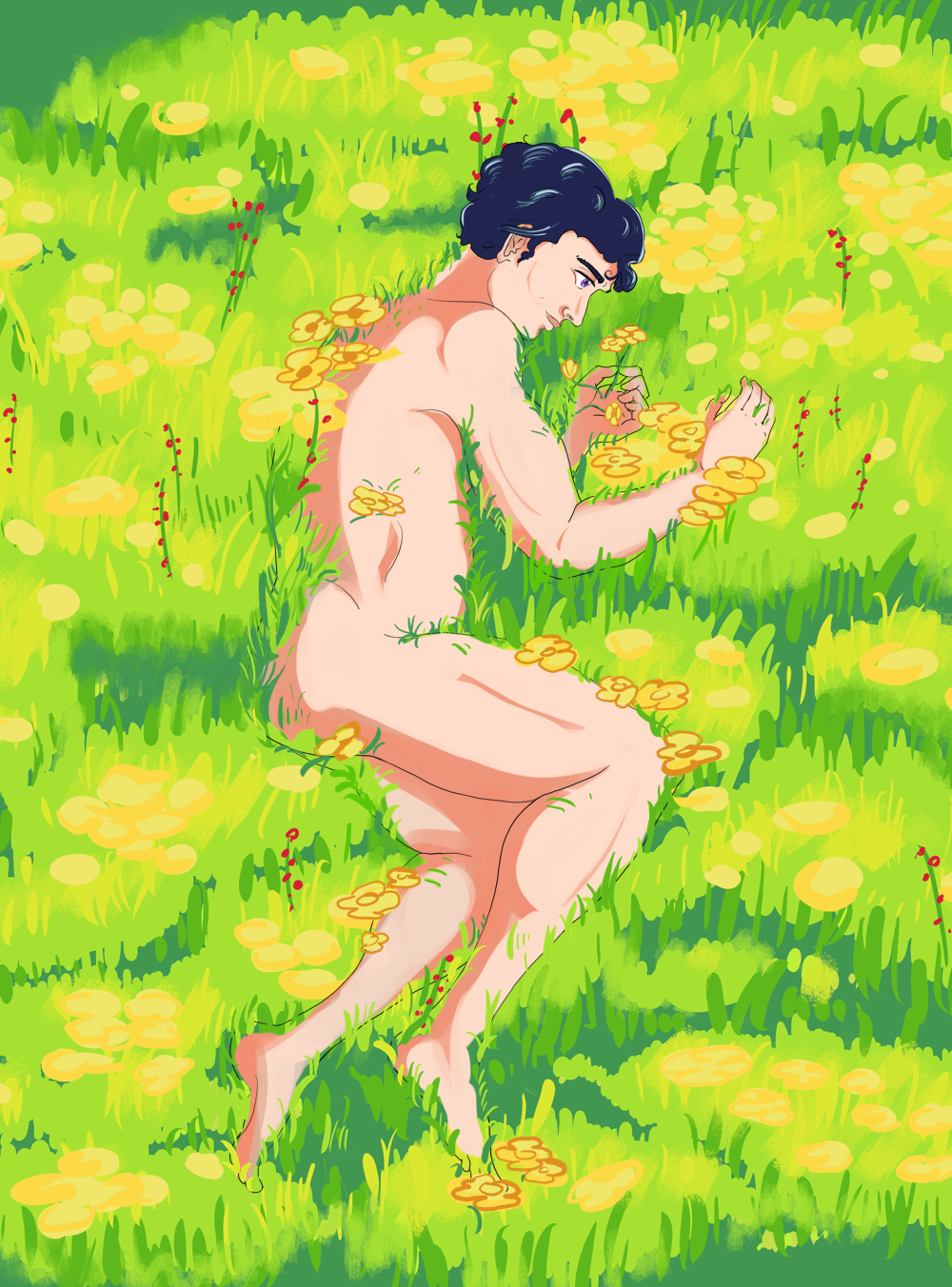 A naked man lying in a sunny field, half sunken into the grass